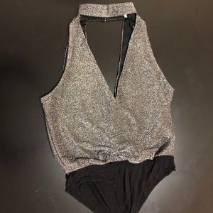 Silver Sparkly Deep V Bodysuit